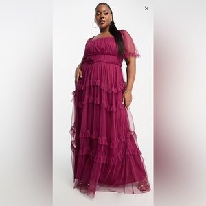 Anaya Plus statement tiered maxi dress in red plum size 14 NWT